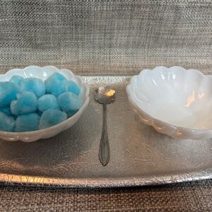 Milk Glass Bowls and Blue Craft Poms Spooning 1:1 by Idlewild Montessori